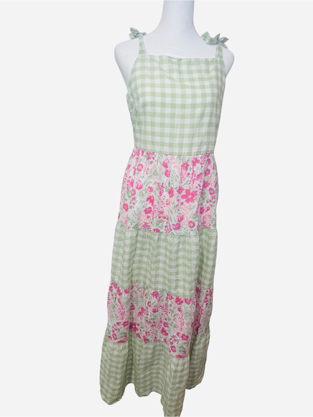 Rachel Zoe Floral Gingham Tie Strap Maxi Dress Cottagecore Spring Garden Party